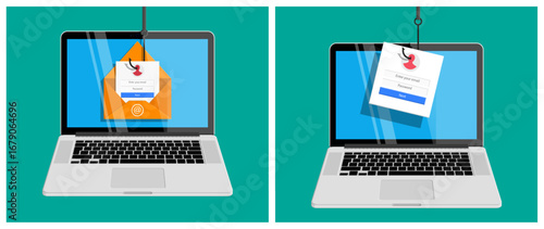 Phishing attempt on laptop, email with login form being caught by a fishing hook. Digital security and cybercrime concept.