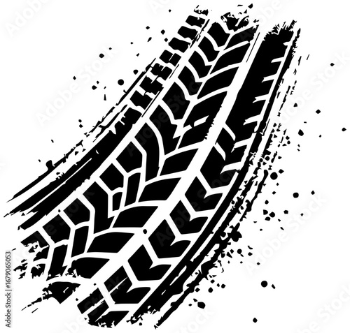 Dynamic tire track graphic with abstract splatter effect for automotive or off-road themes