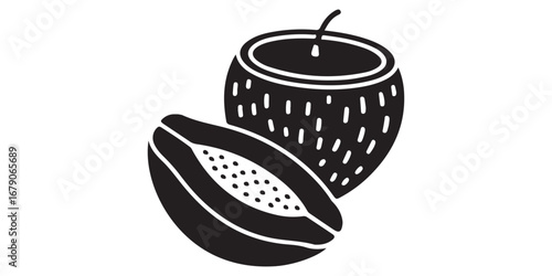 Hand drawn illustration of a whole papaya and a halved papaya with seeds