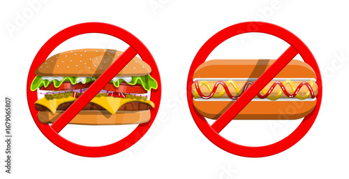 No fast food sign with banned hamburger and hot dog. Concept of healthy eating and diet restriction for lifestyle.