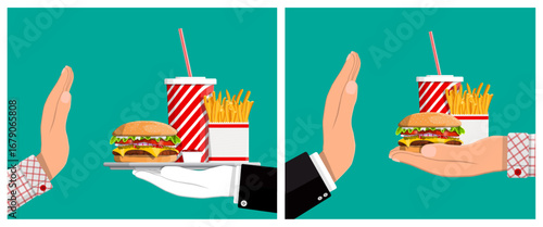 Man's hand rejecting fast food. Healthy lifestyle concept eliminating unhealthy eating habits. Diet and wellness journey.