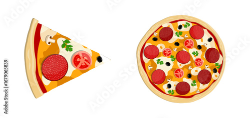 Whole pizza and a single slice with various toppings. Classic italian food, fast food for restaurant menu concept.
