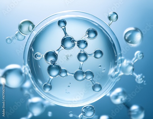 collagen or retinol or ceramide molecule cosmetic moisturizing ingredient molecular structure swatch bubbles moisturizer liquid essence serum or toner beauty and cosmetics blue background