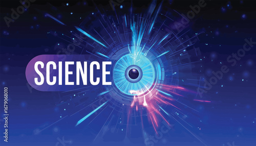 Conceptual digital background of a high-tech explosion with a central eye, symbolizing scientific discovery and data visualization