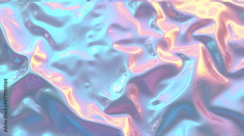 A vibrant abstract background of a glossy, fluid surface resembling liquid metal. The texture reflects a glowing holographic sheen of cyan and gold.