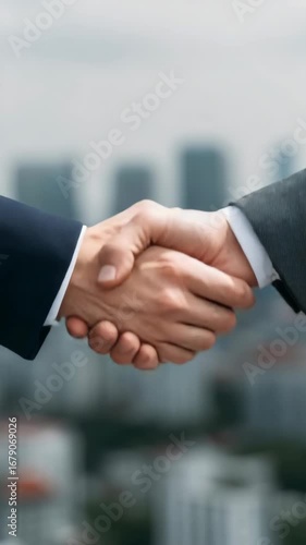 Two business people shaking hands in an urban setting.