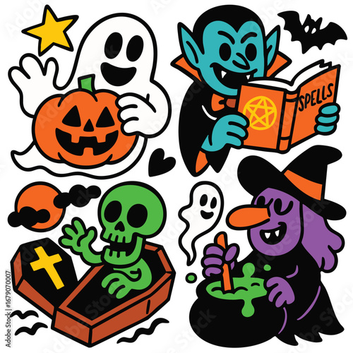 Halloween ghost pumpkin vampire spellbook skeleton coffin witch cauldron cartoon