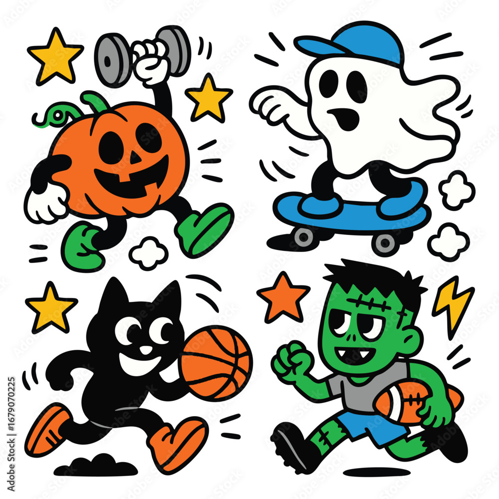 Fototapeta premium Pumpkin lifting dumbbell, ghost skateboarding, black cat playing basketball, green monster
