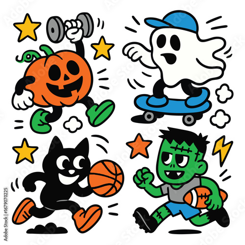 Pumpkin lifting dumbbell, ghost skateboarding, black cat playing basketball, green monster