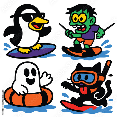 Cartoon penguin surfing, green zombie wakeboarding, ghost floating, black cat snorkeling