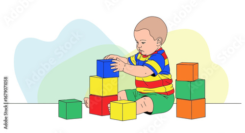 A Baby Constructing A Decorative Tower With Blocks Against A Pastel Colored Backdrop