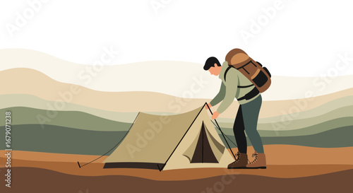 A backpacker setting up a tent in the mountains, camping for an adventure