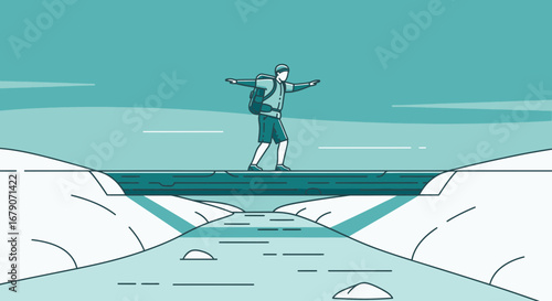 A Balanced Journey: Man Navigating Natural Bridge Above Water, Minimalist Illustration