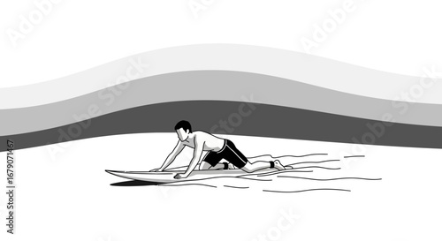 A black and white illustration of a surfer paddling on a surfboard in a grayscale ocean