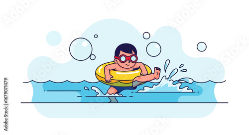 Young Swimmer Having Fun With An Inflatable Ring During Summer Vacation Days