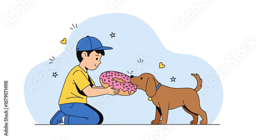 A boy and his dog sharing a donut illustration in a happy and heartwarming scene
