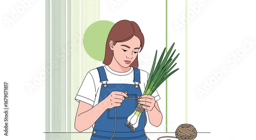 Young Woman Bundling Fresh Spring Onions with Twine in a Modern Illustrative Style