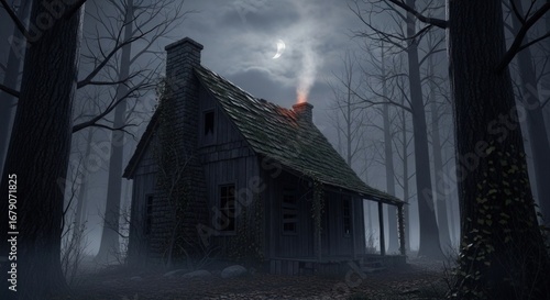An old wooden cabin deep in a dark forest under eerie moonlight, smoke rising from the chimney on a foggy Halloween night