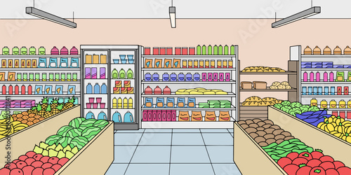 Grocery store shop interior color graphic sketch illustration vector 