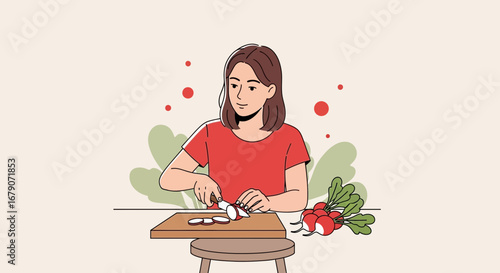 Young Woman Chopping Radishes on a Cutting Board Preparing Fresh Food for a Meal