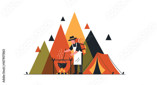 A camper is cooking food on fire near mountains and camping tent in the outdoors