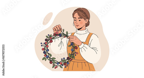 Young Woman Crafting Botanical Berry Wreath with Delicate Aesthetic Details