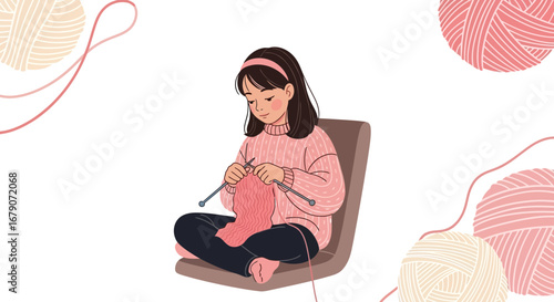 Young Woman Crafting, Knitting a Garment with Balls of Yarn and Needles