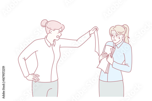 Furious businesswoman show document scream at female employee for mistake or error. Angry woman boss show power shout at scared subordinate. Psychological pressure. Vector illustration.