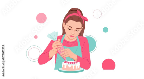 Young Woman Decorating A Cake With Icing, Sweet And Delicate Baked Dessert Isolated