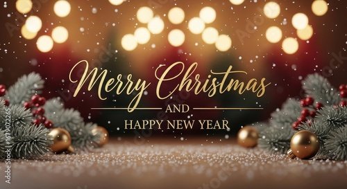 Festive Merry Christmas and Happy New Year Celebration with Glittering Lights and Ornaments