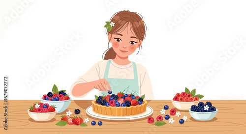 Young Woman Decorating A Fruit Tart With Fresh Berries For A Gourmet Treat