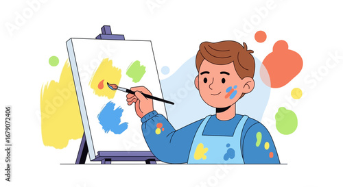 A cheerful artist painting a canvas with colorful splashes of paint in a studio
