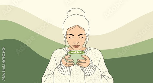 Young Woman Enjoying a Cup of Matcha Latte in a Cozy, Relaxing Setting