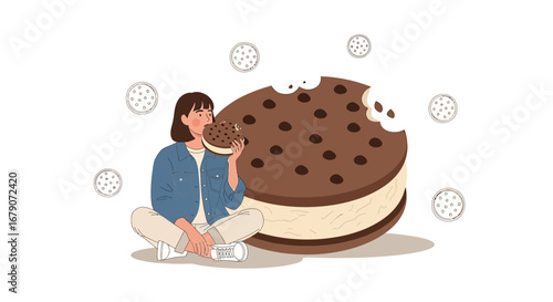 Young Woman Enjoying A Delicious Dessert: The Delightful Experience of Ice Cream Sandwiches