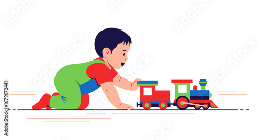 A cheerful baby boy crawling and playing with a colorful toy train on a white background