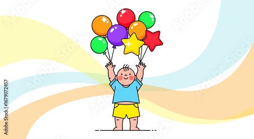 A cheerful baby holds balloons in a colorful vector illustration