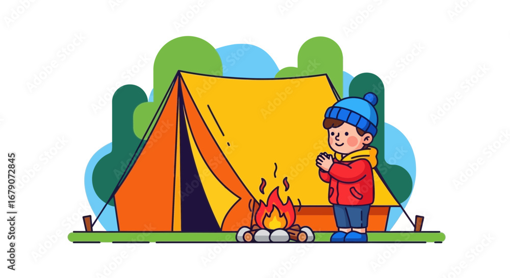 Fototapeta premium A Cheerful Camper Boy Warms Himself By A Cozy Campfire Near The Camping Tent