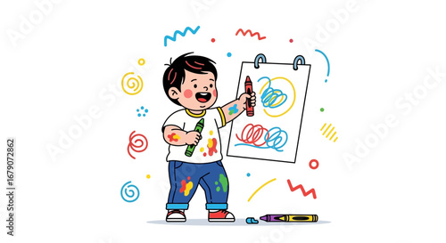 A cheerful cartoon child drawing with crayons on oversized paper board