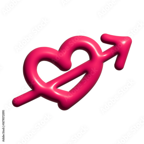 Pink 3D glossy heart with arrow icon, romantic love symbol vector.