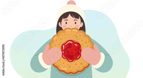 Young Woman Enjoys a Giant Cookie, A Delightful Wintertime Treat Concept