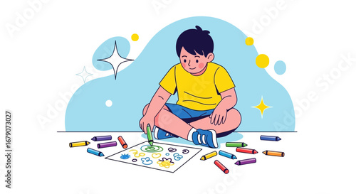 A cheerful child drawing with crayons, creating colourful artwork on white paper
