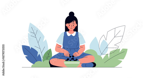 Young Woman Happily Preparing Bowl Of Berries Surrounded By Lush Leafy Plants