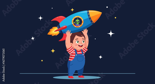 A cheerful child holding a rocket ship dreams of space travel in a dark blue sky