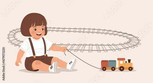 A Cheerful Child Playing With A Toy Train On A Playful Illustrated Track