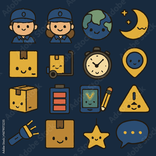 A charming collection of cute cartoon delivery and logistics icons, perfect for illustrating various aspects of global shipping and timely service.