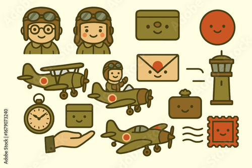 Charming vector illustration set featuring adorable cartoon pilots, vintage airplanes, and various postal elements, perfect for retro-themed designs and children's projects.
