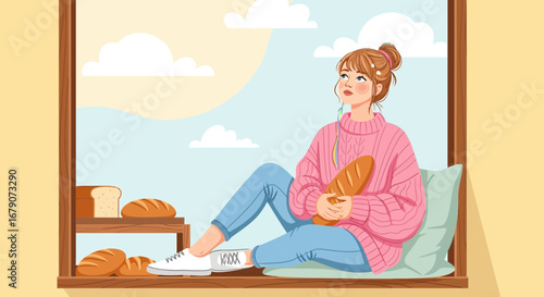 Young Woman Holding Fresh Bread, Enjoying A Peaceful Moment Near Window Looking Sky