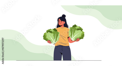 Young Woman Holding Fresh Lettuce in Her Hands, Celebrating Healthy Vegetarian Food