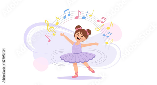 A cheerful girl ballerina dancing and accompanied by musical notes and her happy dancing