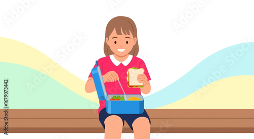 A cheerful girl enjoying lunch from her lunchbox, illustration design concept